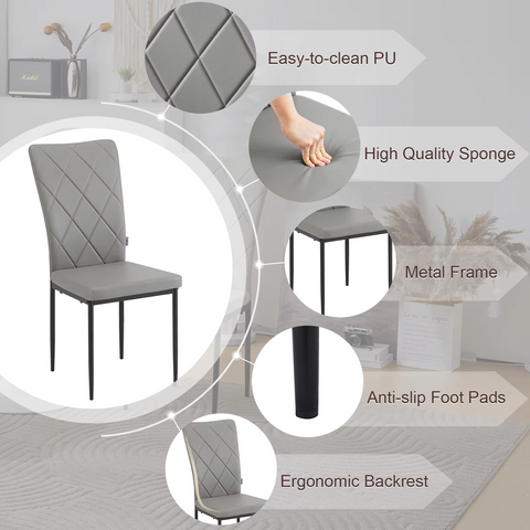 Chair - Dining Room Chairs - Set of 4 Leather Dining Room Chairs - Ergonomic - Metal Legs - High Backrest - Comfortable &amp; Stable - For Kitchen - Dining Room - 42x94.5x 59cm - Gray Leather