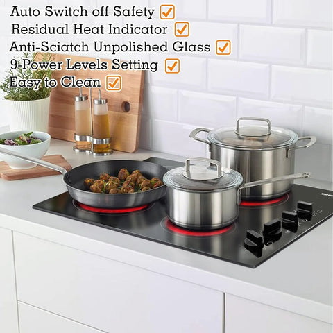 Inductie kookplaat - Induction Hob - Induction Cook Top - Inductie Fornuis - Elektrische Brander - 4-pits - Inbouw - 59 cm Elektrische Kookplaat - Zwarte mat Gematteerde Keramische Glasplaat - met 4 Individuele Bedieningsknoppen