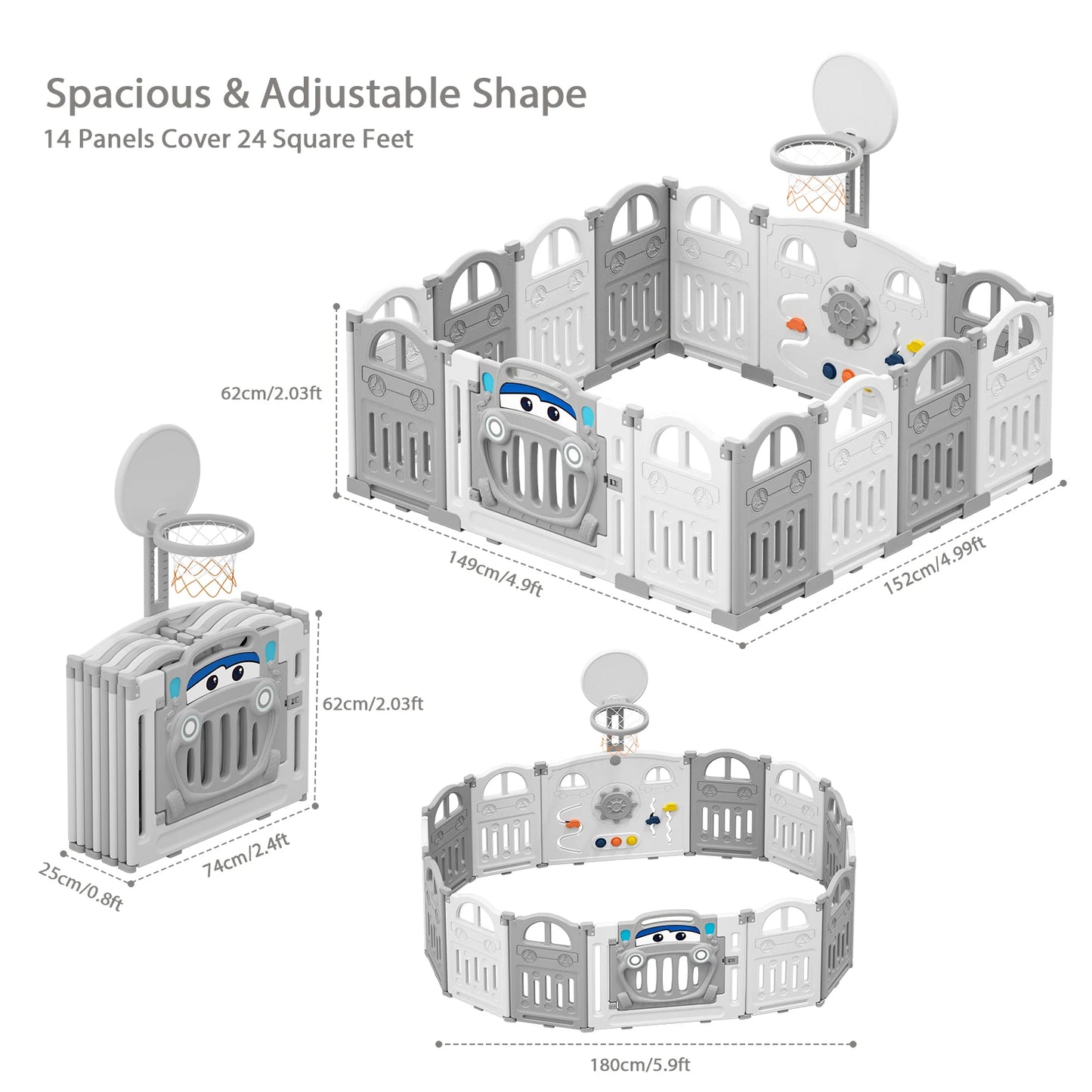Baby Speelbox - Box Baby - Kinderbox - Metalen Speelbox - Opvouwbare - met Basketbalring - Inclusief Activiteitenwand en Sensorisch Speelgoed - Voor 7 Maanden tot 6 Jaar - Grijs-wit - QUORE