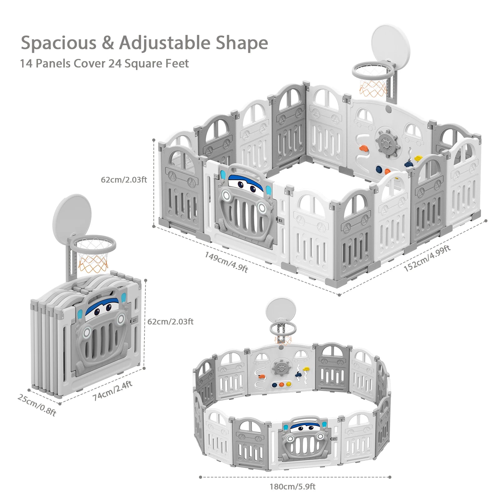 Baby Speelbox - Box Baby - Kinderbox - Metalen Speelbox - Opvouwbare - met Basketbalring - Inclusief Activiteitenwand en Sensorisch Speelgoed - Voor 7 Maanden tot 6 Jaar - Grijs-wit - QUORE