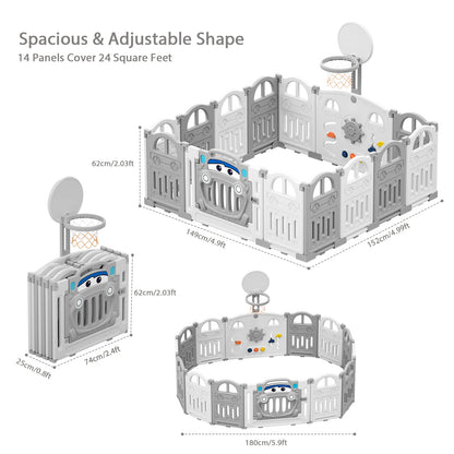 Baby Speelbox - Box Baby - Kinderbox - Metalen Speelbox - Opvouwbare - met Basketbalring - Inclusief Activiteitenwand en Sensorisch Speelgoed - Voor 7 Maanden tot 6 Jaar - Grijs-wit - QUORE