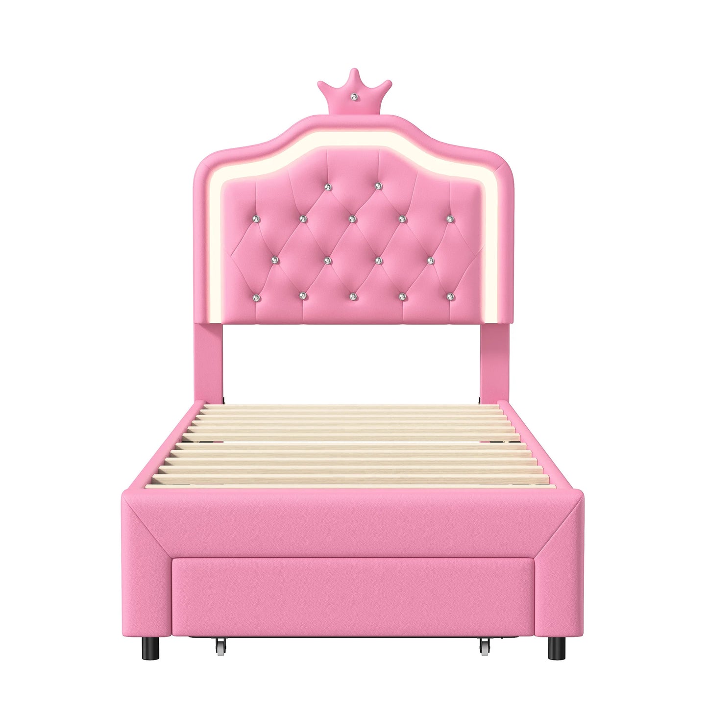 Kinderbed – Eenpersoonsbed – Meisjesbed – Prinsessenbed – Jongerenbed – 90x200 cm – Verstelbaar Kunstleer Hoofdbord – Ingebouwde Lichtstrip
