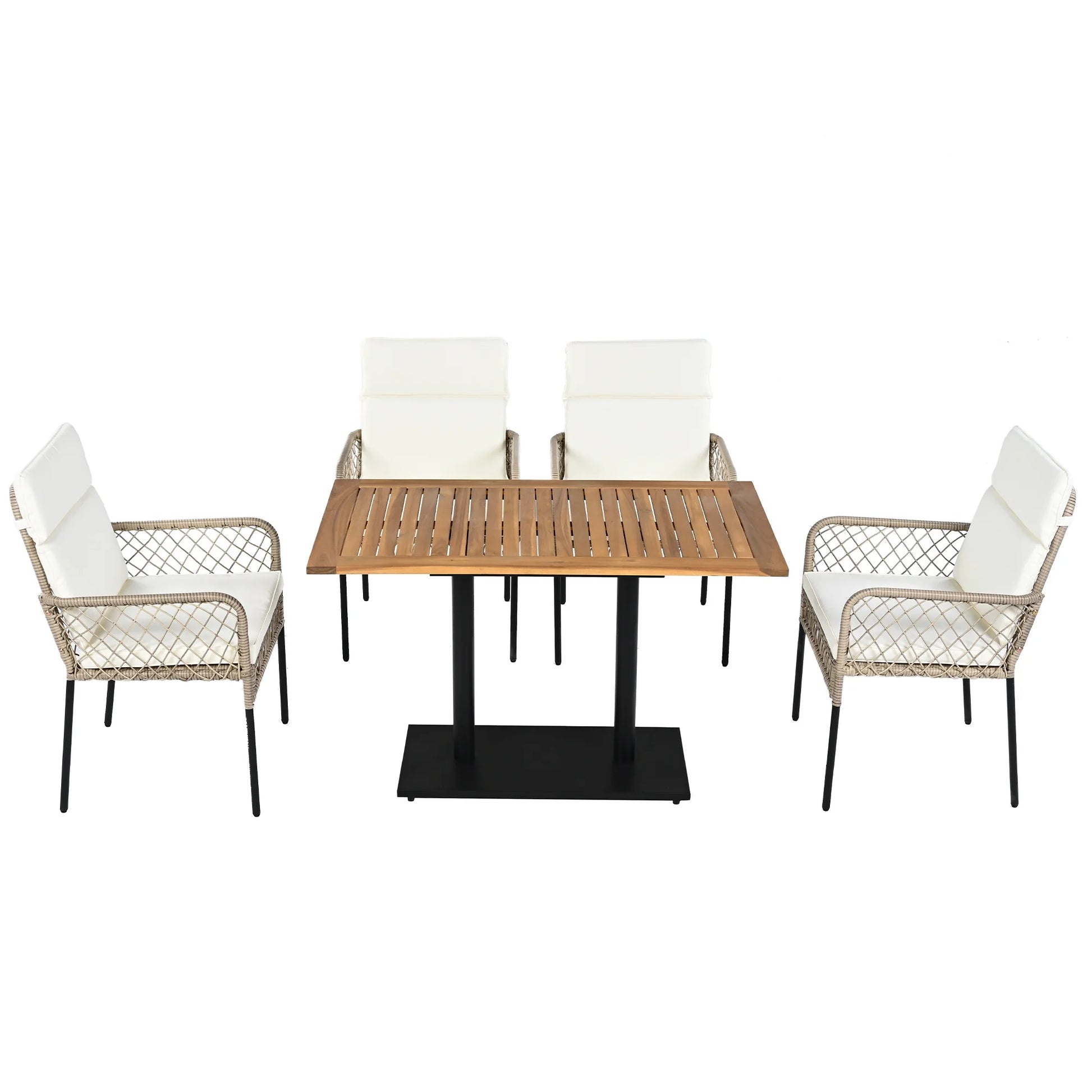 Tuinmeubelset - 5-Delige Eettafelset – Tuinset – Balkonset – Terrasmeubilair – Buitentafel – Acaciahout – Polyrattan Stoelen - Wit - QUORE