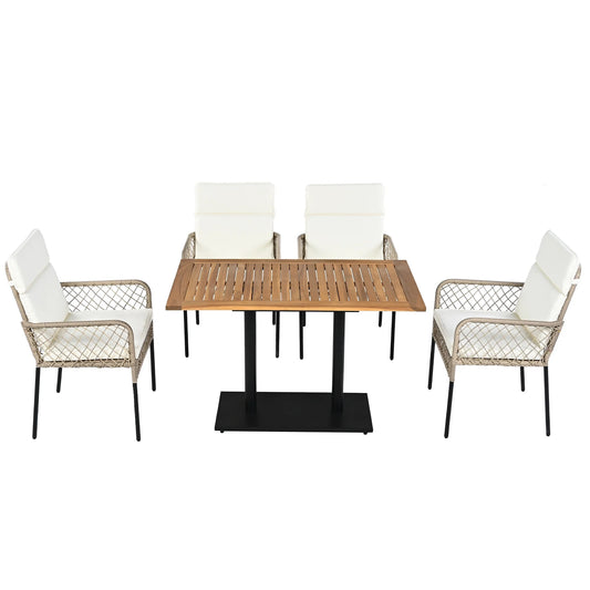 Tuinmeubelset - 5-Delige Eettafelset – Tuinset – Balkonset – Terrasmeubilair – Buitentafel – Acaciahout – Polyrattan Stoelen - Wit - QUORE