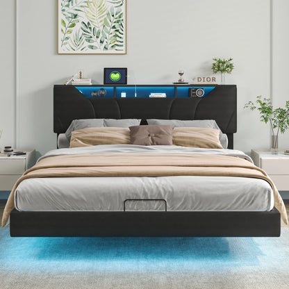 Tweepersoonsbed – Modern Bed – Opbergbed – Boxspring – Kunstleren Bed – Zwart 160x200 cm – Met LED-Verlichting – Gasdrukveer Opbergruimte