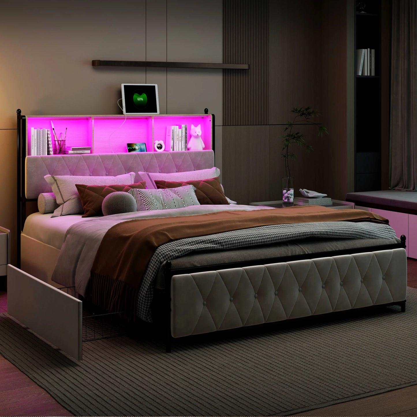 Gestoffeerd Bed – Tweepersoonsbed – Slaapbank – Bedframe – Bed met Lades – 160x200 cm – Luxe Velvet Bekleding – Hoofdbord met Opbergruimte
