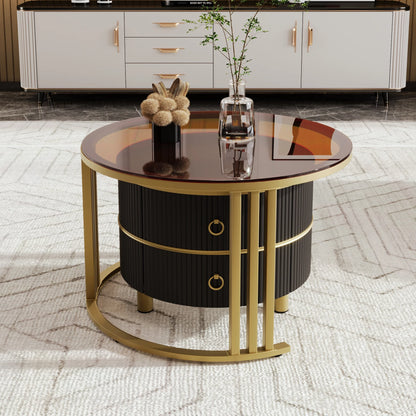 Salontafel – Bijzettafel – Woonkamertafel – 2-in-1 Tafel – MDF En Dennenhout – Glazen Blad – Opberglade - Zwart