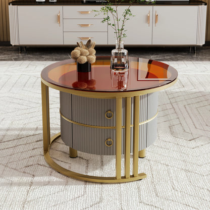 Salontafel – Bijzettafel – Woonkamertafel – 2-in-1 Tafel – MDF En Dennenhout – Glazen Blad – Opberglade - Grijs