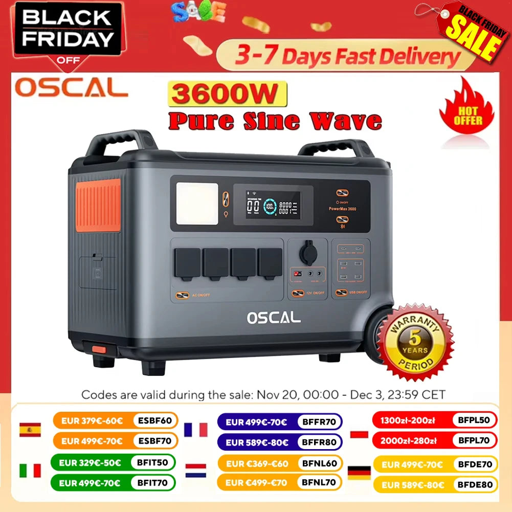 Draagbare Powerstation – Mobiele Accu – Noodstroomvoorziening – Zonne-energie Generator – 3600 Wh Capaciteit – Pure Sinusgolf Inverter – 14 Outputs