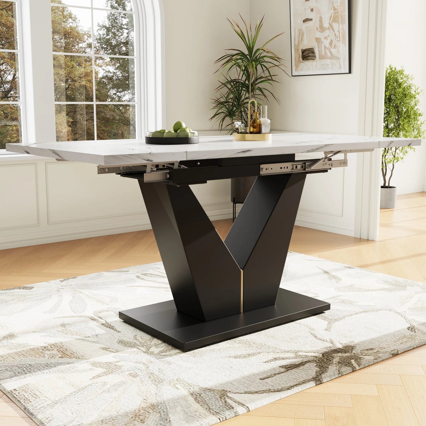 Uitschuifbare Eettafel – Verstelbare Tafel – Uitklapbare Tafel – Telescopische Eettafel – MDF Marmer Print – V-Vormige Poten – Draagvermogen 60 Kg - Olijf