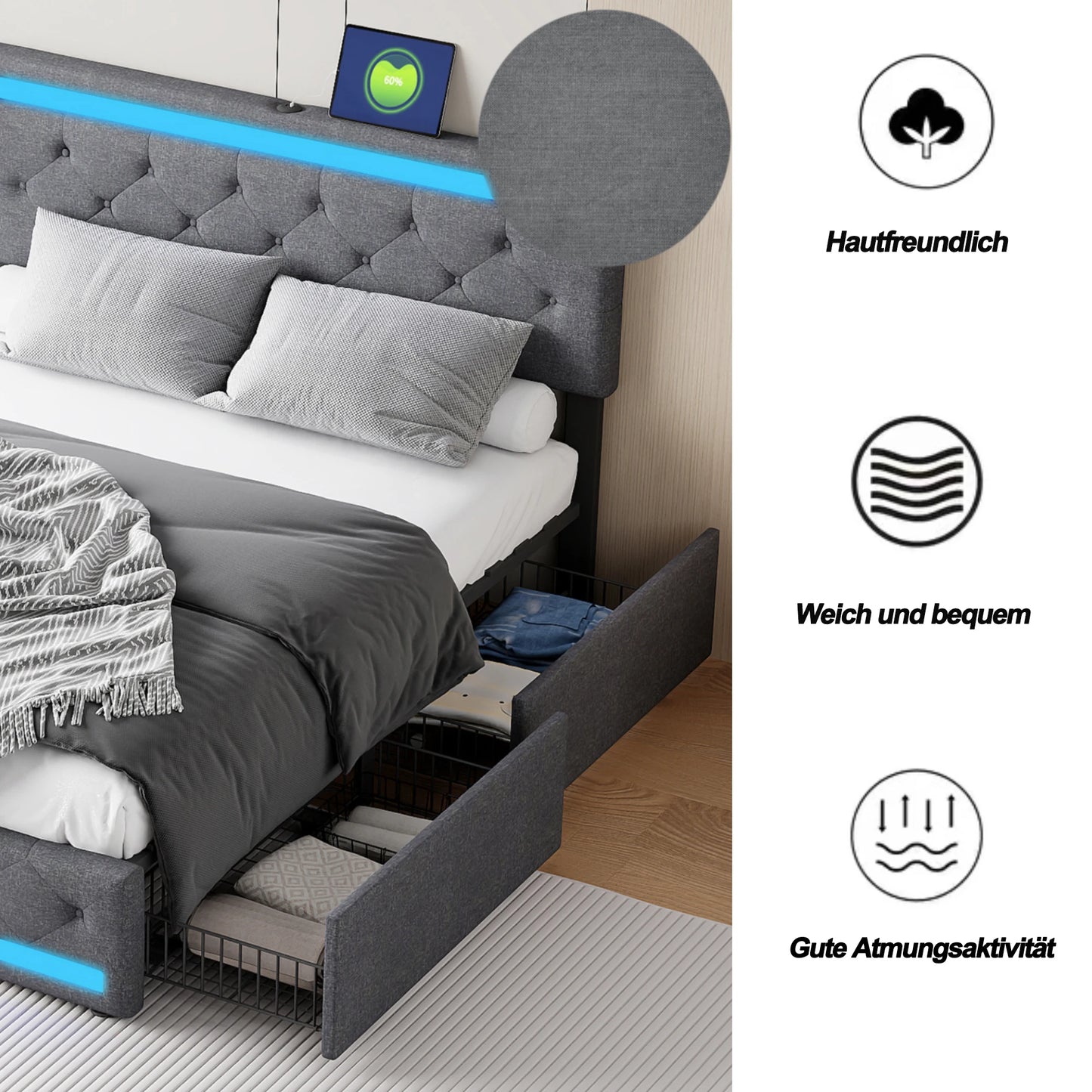 Gestoffeerd Tweepersoonsbed – Bedframe Met Opberglades – Slaapbank – Ladebed – Linnen Bed – 140x200 cm – USB Oplaadpoort – Meerkleurige LED-verlichting