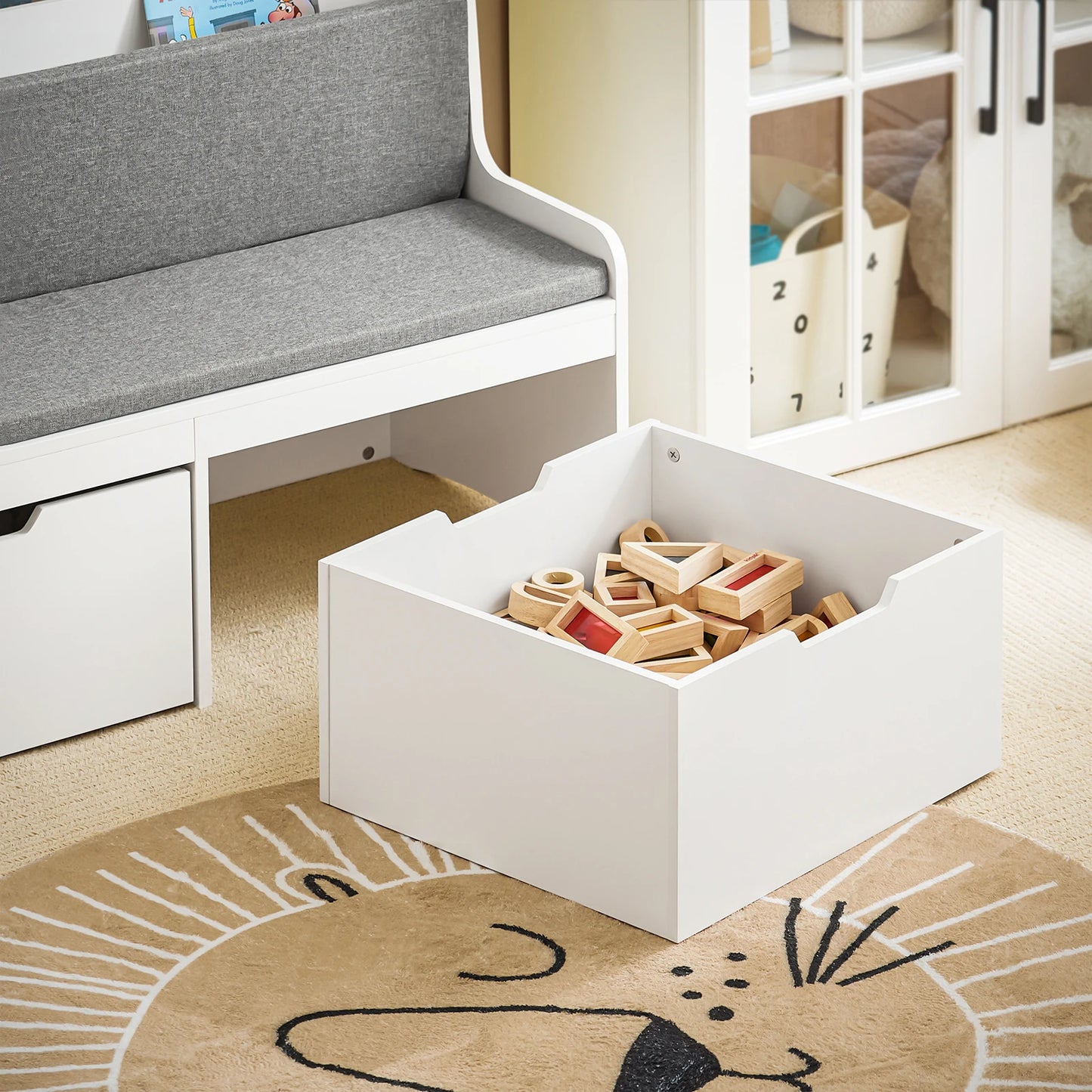 Kinderbank – Speelkamerbank – Opbergbank – Speelgoedkist – Zitbank Kinderkamer – Wit MDF – Met Zachte Kussens en Verrijdbare Opbergkistjes