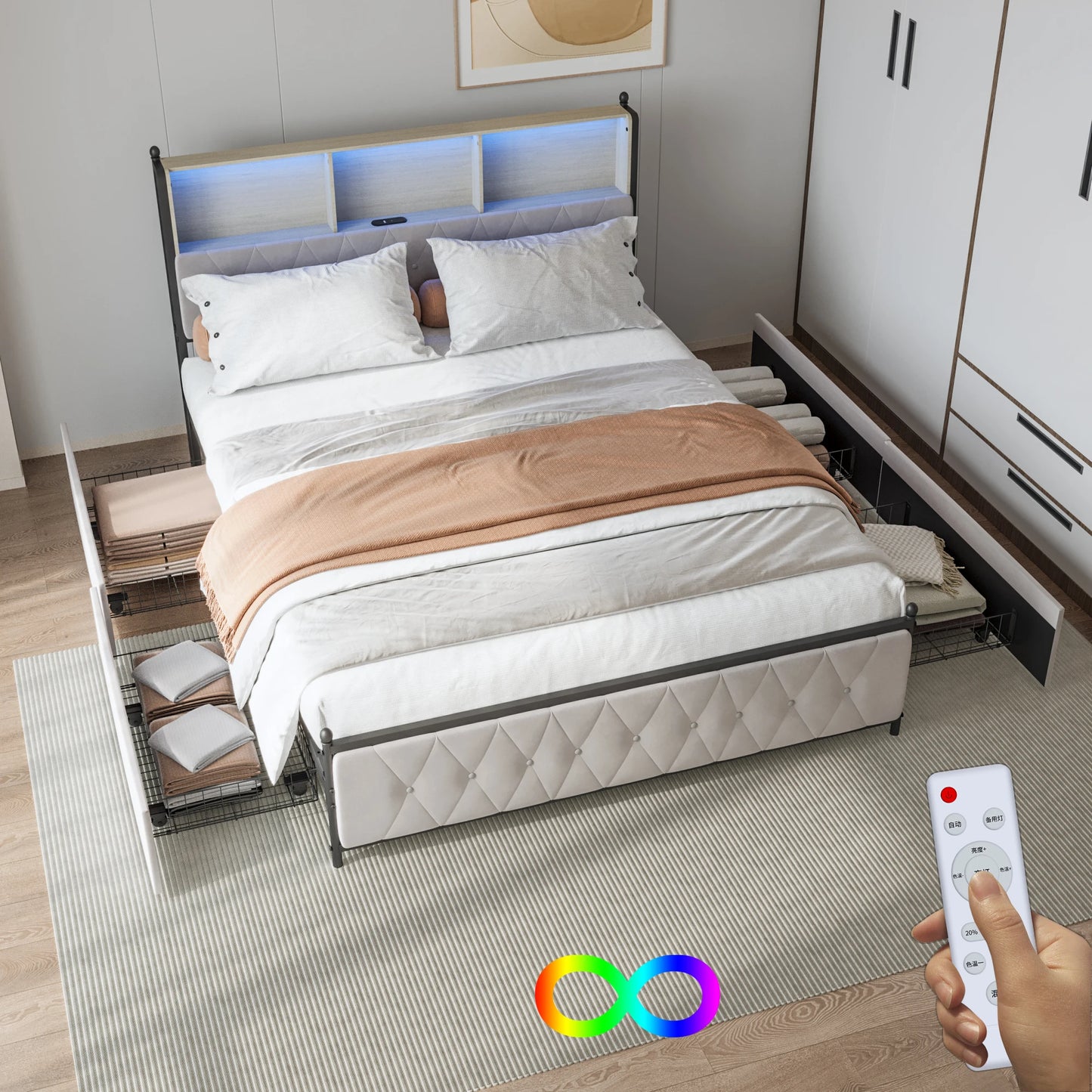 Bedframe – Gestoffeerd Bed – Tweepersoonsbed – Opbergbed – Slaapmeubel – 140x200 cm – Vier Laden – Hoofdbord Met Opbergruimte - QUORE