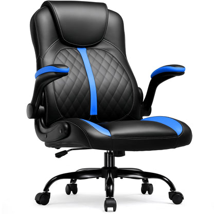 Gamingstoel – Gamestoel – Bureaustoel – Computestoel – Office Chair – Ergonomische Rugsteun – Inklapbare Armleuningen – PU-Leder – Schommelfunctie – Zwart-Blauw