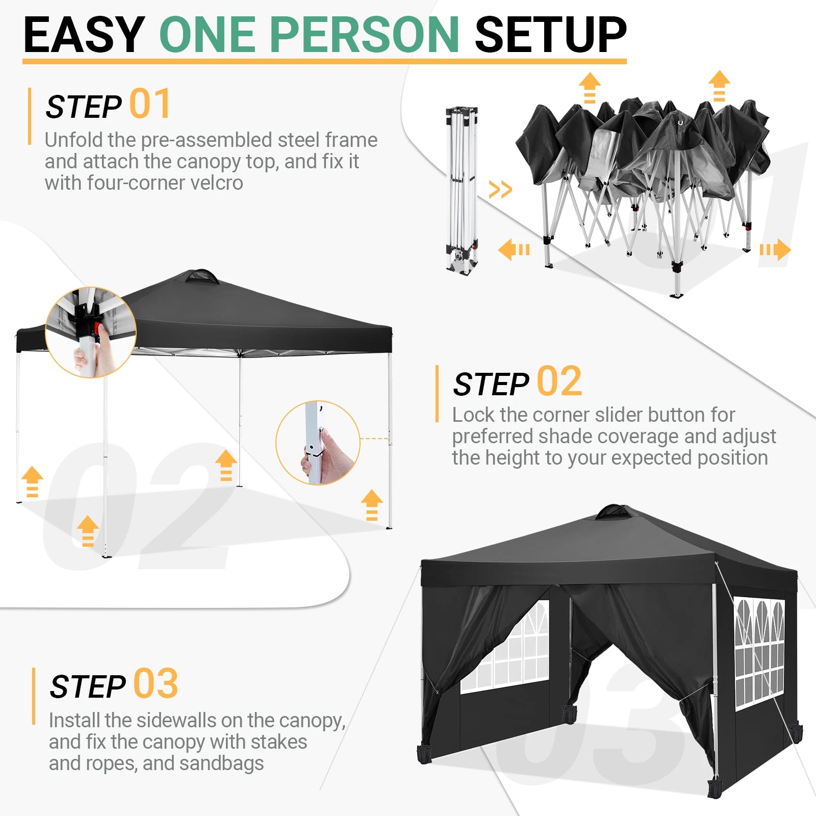Vouwtent – Overkapping – Partytent – Schaduwdoek – Buitenpaviljoen – Waterdicht 210D Oxford – Inclusief Zijwanden Met Ramen - 3x3m - Zwart - QUORE