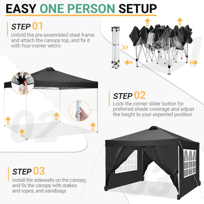 Vouwtent – Overkapping – Partytent – Schaduwdoek – Buitenpaviljoen – Waterdicht 210D Oxford – Inclusief Zijwanden Met Ramen - 3x3m - Zwart - QUORE