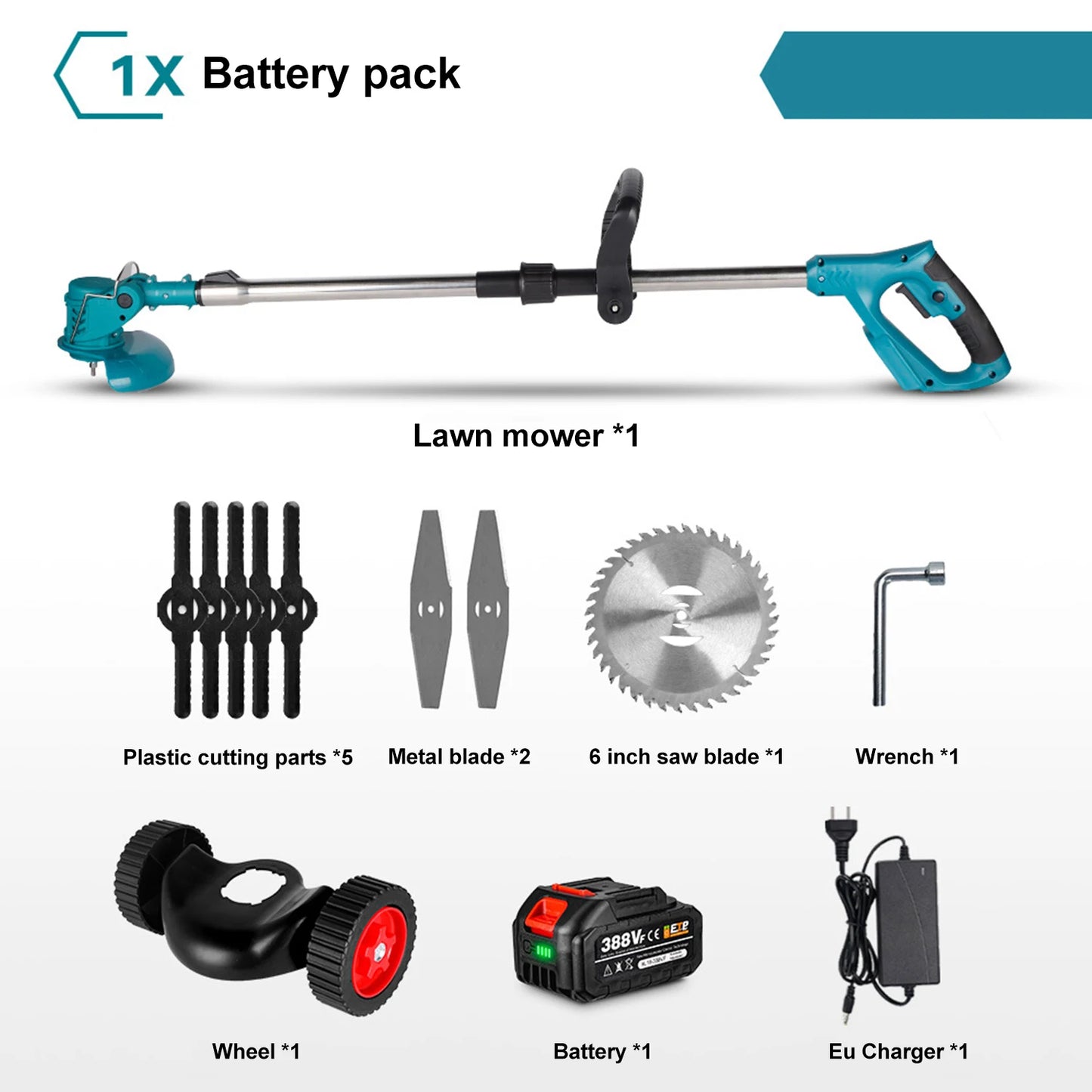Elektrische Grastrimmer - Grasmaaier - Onkruidborstel - Grastrimmer - 1500W - Draadloze Maaier - 12000RPM - met Wielen - Tuingereedschap - 2 Accu
