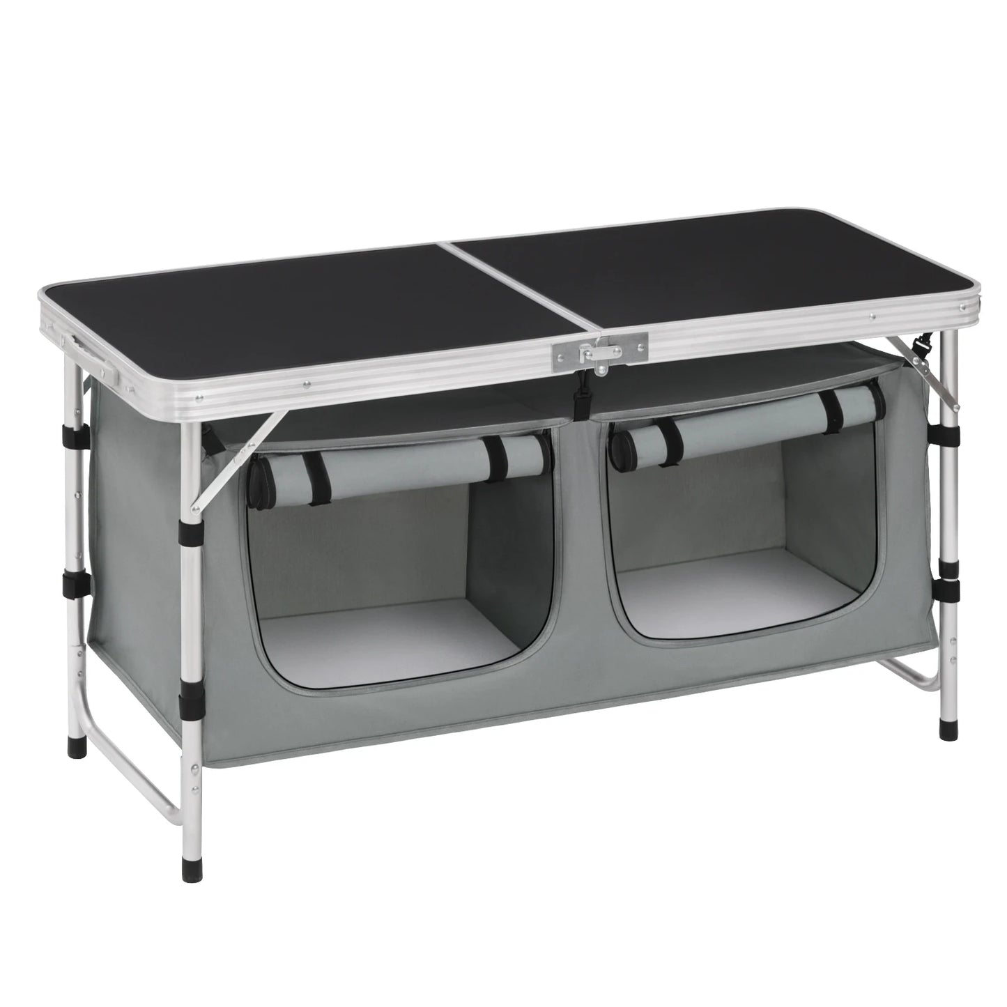Inklapbare Tafel – Camping – Vouwtafel Buiten – Opvouwbaar  - met Opbergtas - en Kastjes - 180 x 70 x 74 cm – voor Tuin - BBQ - Zwart Grijs - QUORE