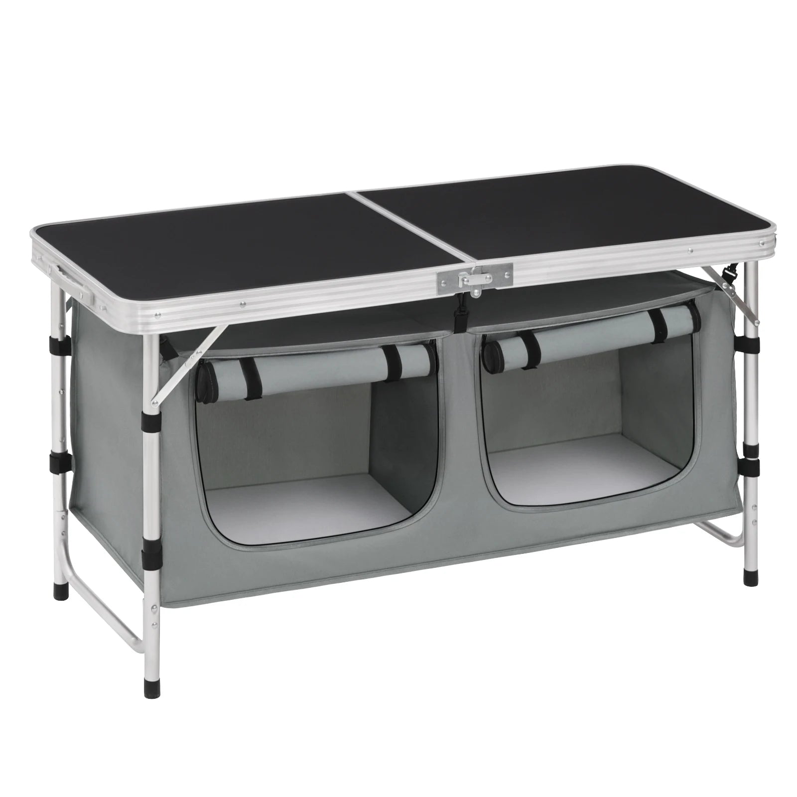 Inklapbare Tafel – Camping – Vouwtafel Buiten – Opvouwbaar  - met Opbergtas - en Kastjes - 180 x 70 x 74 cm – voor Tuin - BBQ - Zwart Grijs - QUORE