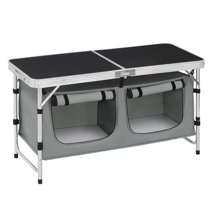 Inklapbare Tafel – Camping – Vouwtafel Buiten – Opvouwbaar  - met Opbergtas - en Kastjes - 180 x 70 x 74 cm – voor Tuin - BBQ - Zwart Grijs - QUORE