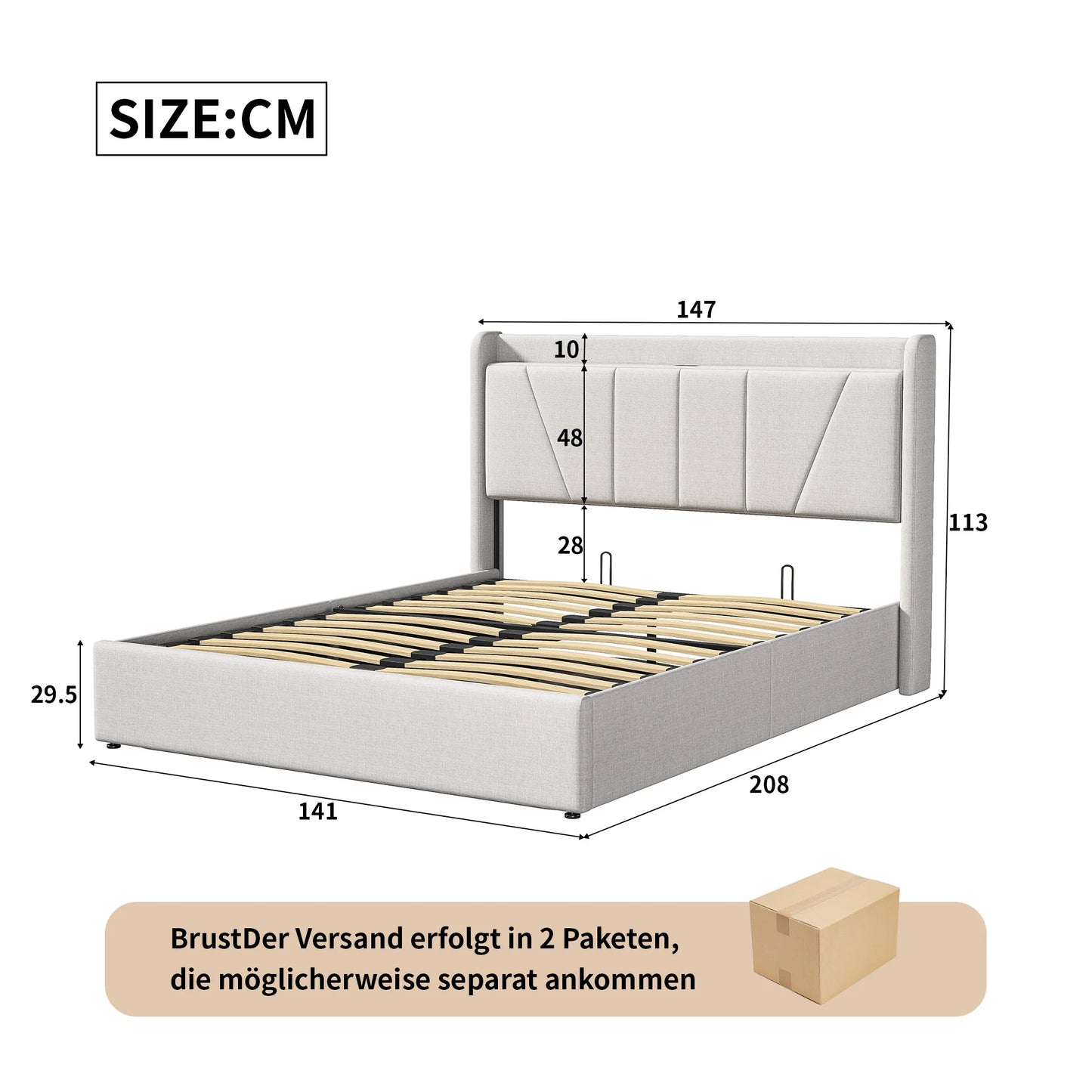 Comanlai 140 x 200 cm Upholstered Bed,Hydraulic Storage Bed,with USB and Type-C,Youth Bed,Without Mattress,Linen Fabric,Beige