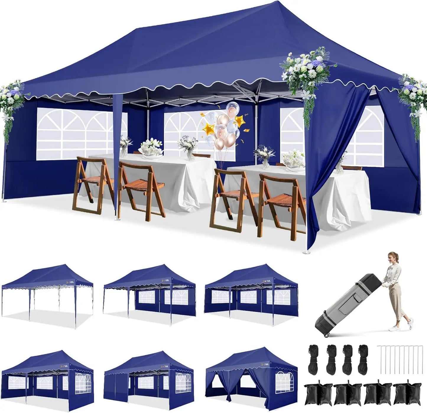 Partytent – Tuinpaviljoen – Evenemententent – Overkapping – 3x6 Meter – Staalframe – Waterdicht Met Zijwanden - Marineblauw