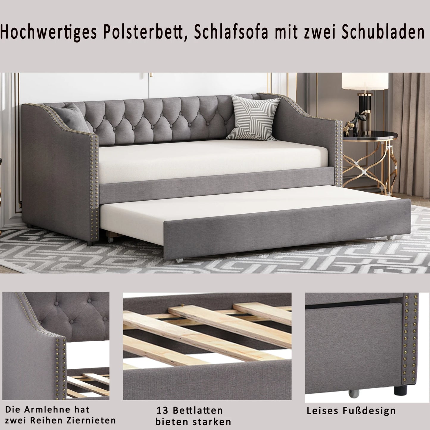 Slaapbank – Bedbank – Bankbed – Logeerbed – Opklapbed – Linnen Bekleding Grijs – Uittrekbaar Bed 90x200 cm – Stevig MDF Frame Tot 150 kg