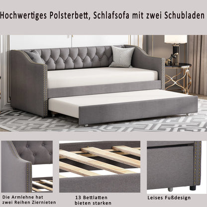Slaapbank – Bedbank – Bankbed – Logeerbed – Opklapbed – Linnen Bekleding Grijs – Uittrekbaar Bed 90x200 cm – Stevig MDF Frame Tot 150 kg