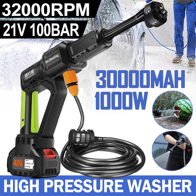Hogedrukreiniger - Accu - Draadloze - 1000W - 100Bar - 30000mAh - Krachtige Waspistool - 6-in-1 Nozzle - Voor Auto en Thuisgebruik - 1 Accu