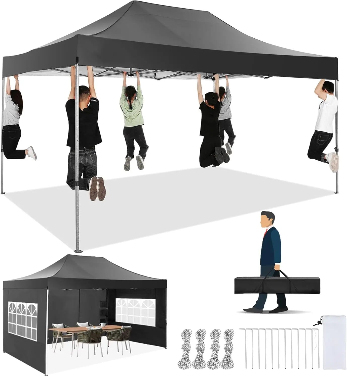Partytent – Opvouwbare Tent – Marktstand Tent – Tuinent – Festivaltent – 3x4,5 Meter – 420D Oxford Doek – Waterdicht Met UV-Bescherming - Zwart - QUORE