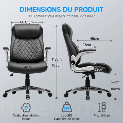 Ergonomische Bureaustoel – Kantoorstoel – Werkstoel – Bureaustoel Met Armleuningen – S-Vormig Rugpaneel – Draagvermogen 136 Kg – 360 Graden Draaibaar - 52 x 54 x 118 cm - Zwart - QUORE