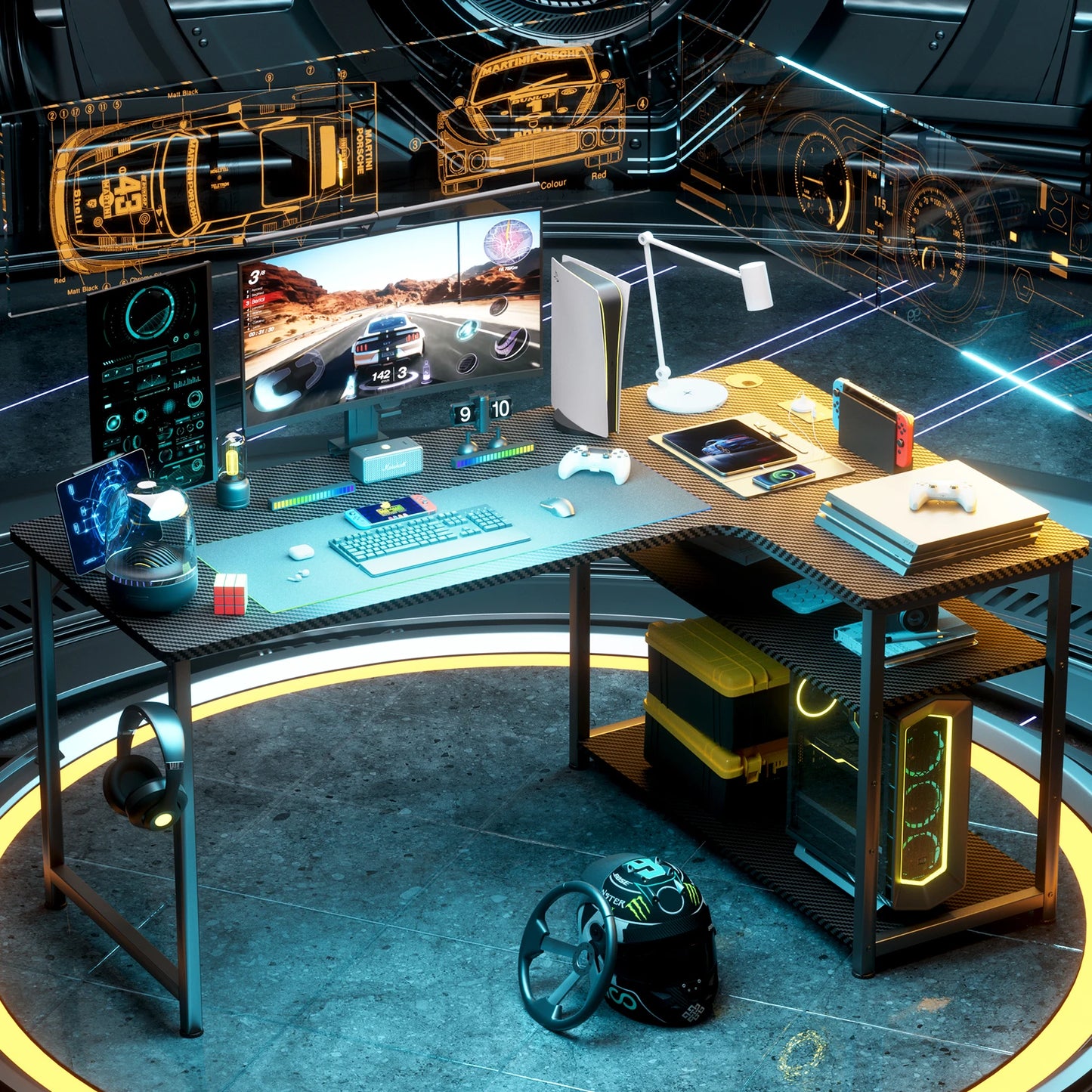 Game Bureau - Bureau - Hoekbureau - Game Bureau - 120cm L-vormige Computertafel - met USB Oplaadpoort & Stopcontact - Gaming Bureau - met Opbergrek - Wit - QUORE