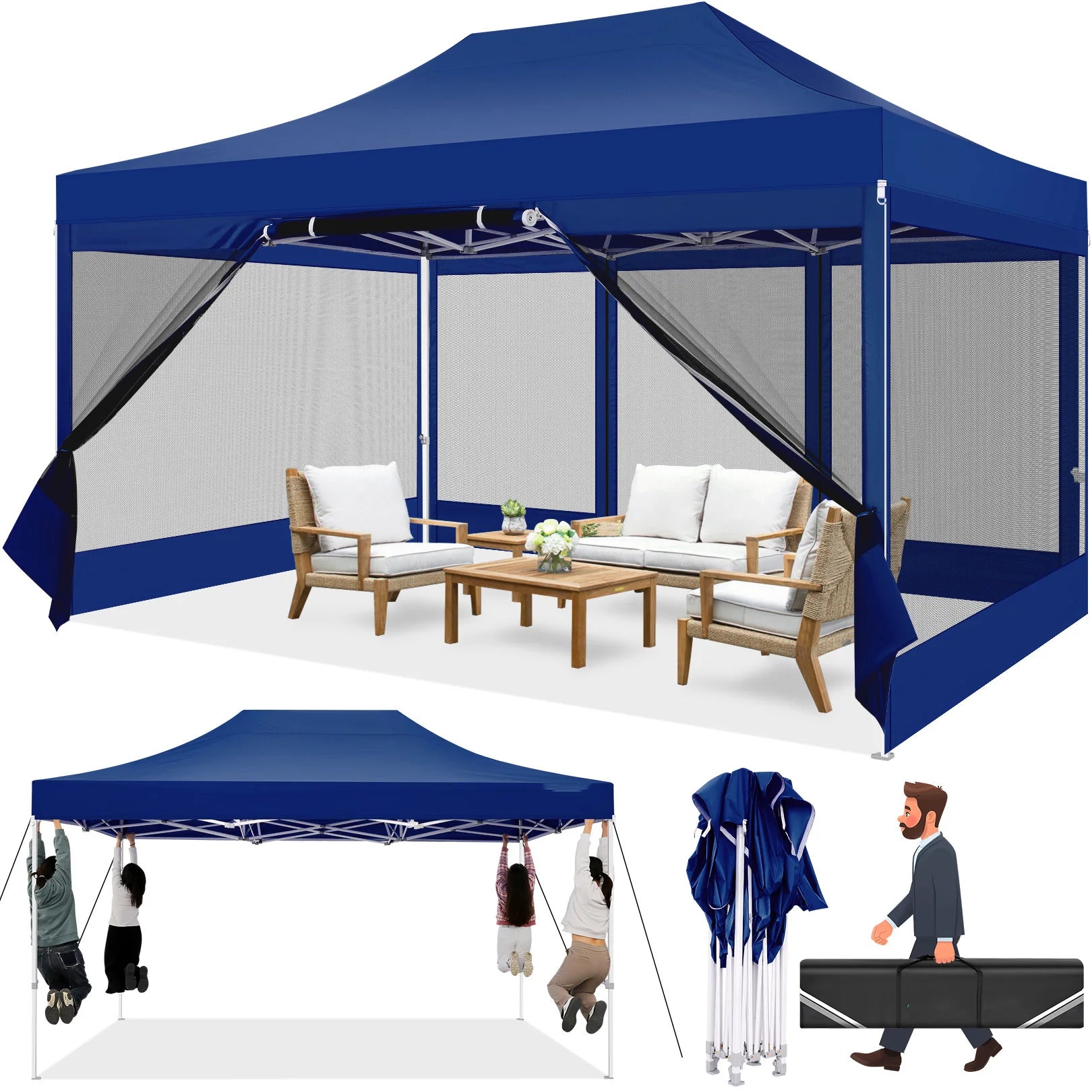 Tuinpaviljoen - Tuintent Opvouwbaar – Partytent – Campingtent – Verandatent – Insectenbeschermd – Waterdicht 420D Oxford – Verstelbare Hoogte - 3 x 4.5 m - Marineblauw - QUORE