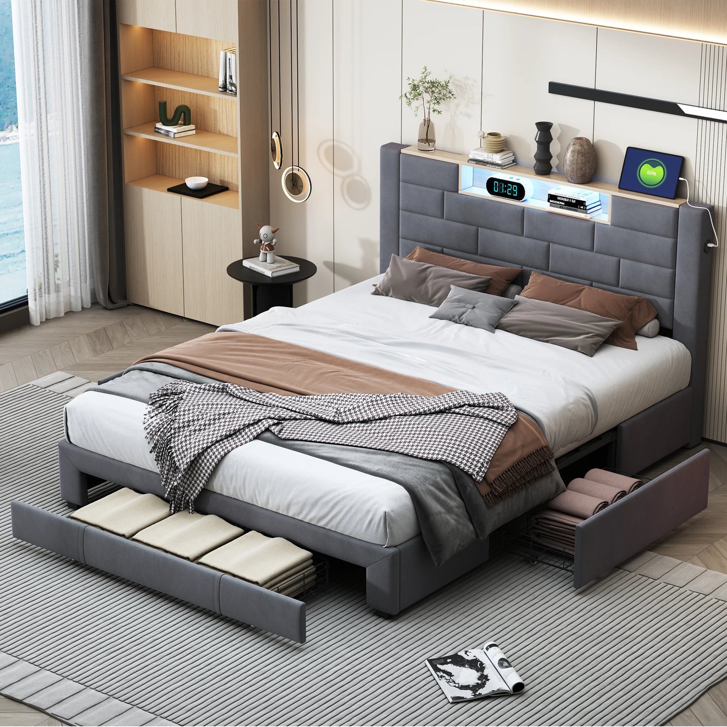 Upholstery bed 140x200cm with air lever storage headboard with storage and charging velvet bed with drawers double bed - QUORE