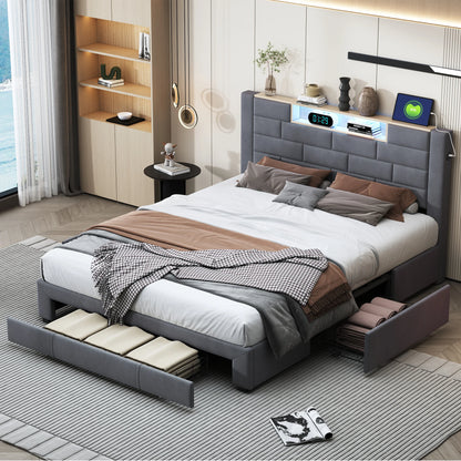 Upholstery bed 140x200cm with air lever storage headboard with storage and charging velvet bed with drawers double bed - QUORE