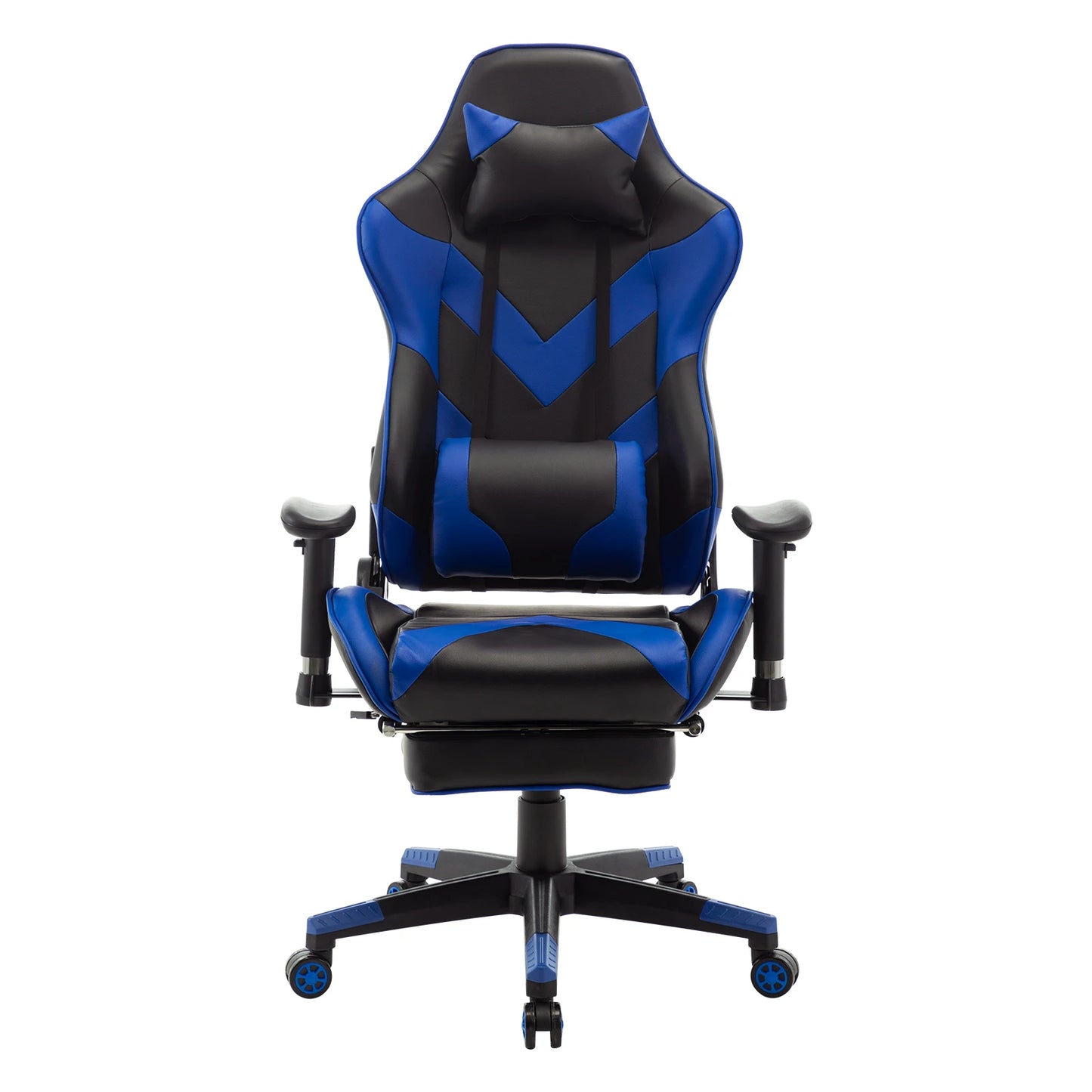 Gaming Stoel - Bureau – Racing - Ergonomische - Verstelbare - met Voetsteun - 155° Ligstand - Nekkussen - Lenden - Kunstleer – 360° Draaibare Wielen - Tot 136 kg Draagvermogen - Blauw Leer