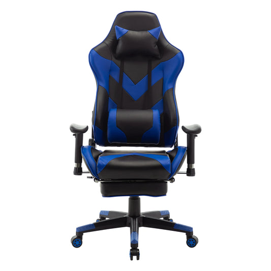Gaming Stoel - Bureau – Racing - Ergonomische - Verstelbare - met Voetsteun - 155° Ligstand - Nekkussen - Lenden - Kunstleer – 360° Draaibare Wielen - Tot 136 kg Draagvermogen - Blauw Leer