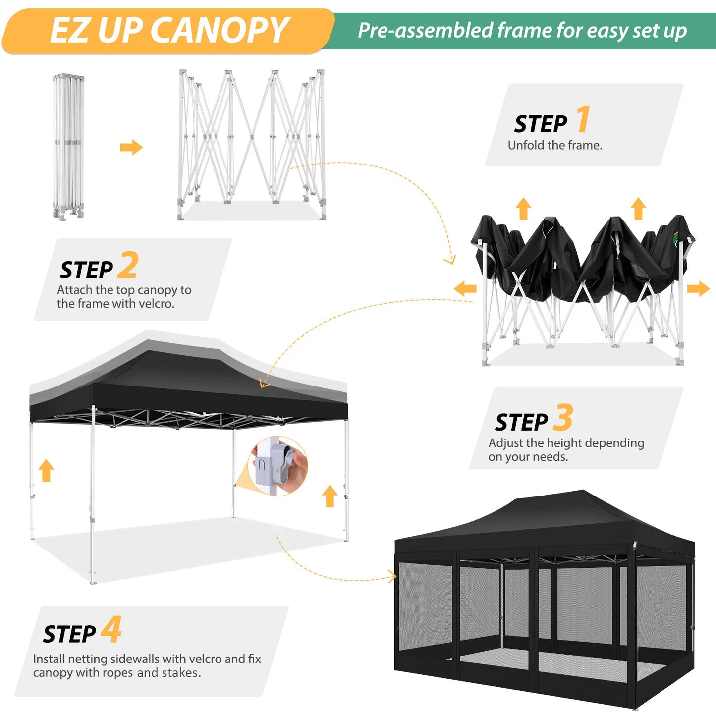 Tuinpaviljoen – Tuinhuisje – Pop-Up Tent – Buitenverblijf – Luifel – Waterdicht Frame – Verstelbare Hoogte - Zwart