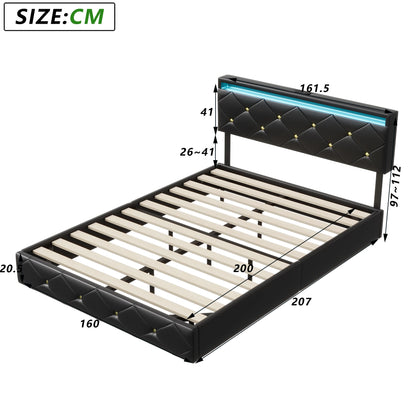 Tweepersoonsbed – Gestoffeerd Bed – 2-persoonsbed – Platformbed – Bedframe – 160x200 cm – Verstelbaar Hoofdeinde – Ingebouwde LED-verlichting
