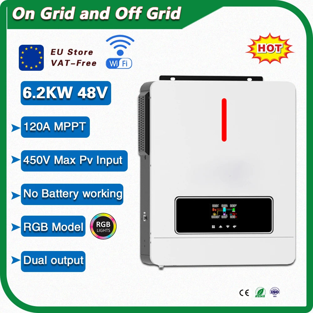 Solar Inverter – Zonne-Omvormer – 48V Omvormer – MPPT Inverter – Dual Output – 6200W Vermogen – Hoog Rendement Tot 98%
