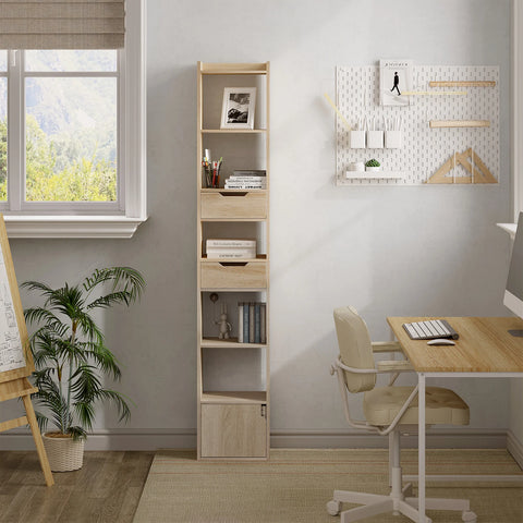 Boekenkasten - Boekenrek - Smalle Hoge Plank - boekenkasten hout - Met 6 Compartimenten - 2 Laden - 33x181x24 cm - Laadvermogen 50 kg - Lichte Eik