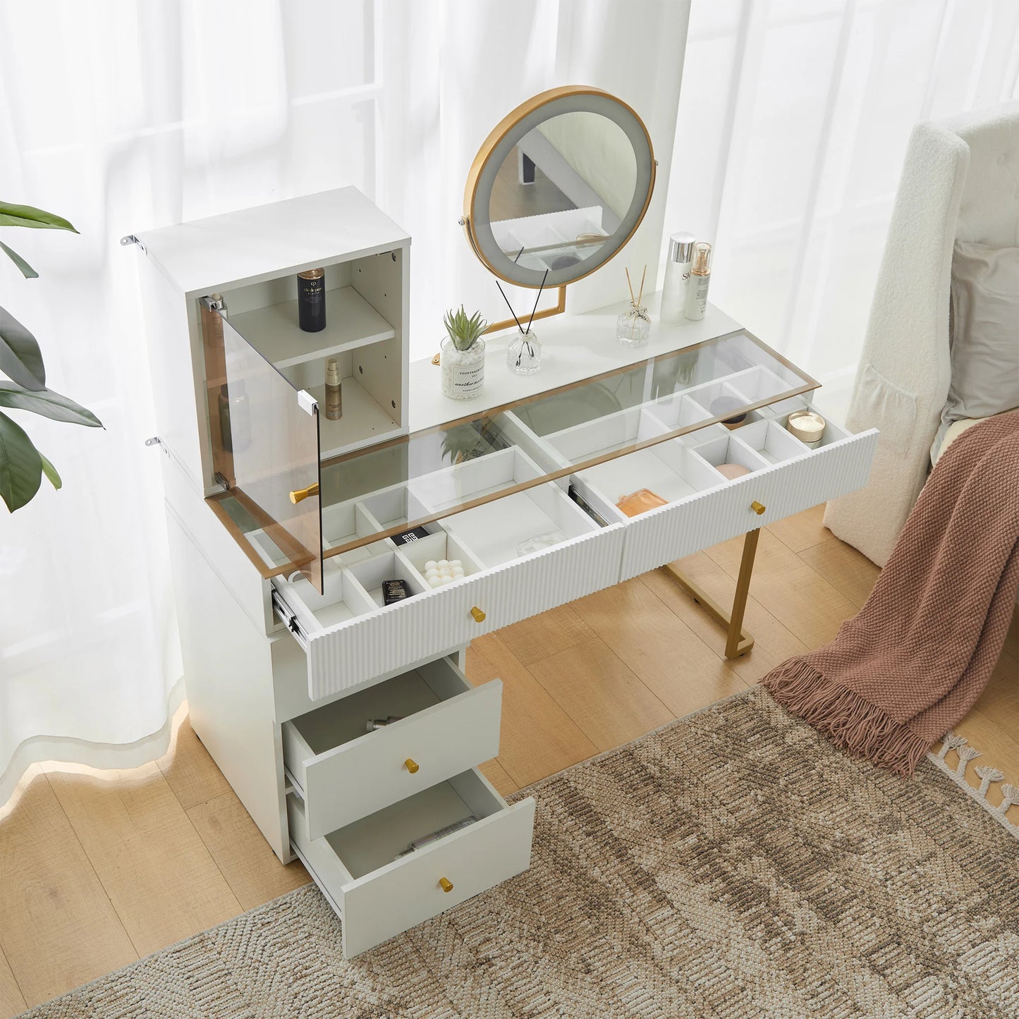 Make-uptafel – Kaptafel – Schminktisch – Visagie tafel – Make-up bureau – Wit – LED-verlichting met 3 lichtkleuren – Robuust metalen frame en glanzend glazen blad