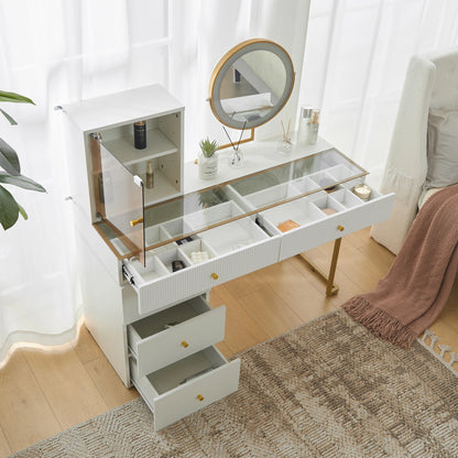 Make-uptafel – Kaptafel – Schminktisch – Visagie tafel – Make-up bureau – Wit – LED-verlichting met 3 lichtkleuren – Robuust metalen frame en glanzend glazen blad