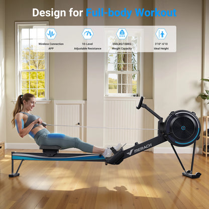 Roeimachine – Indoor Rower – Fitness Roeier – Workout Machine – Ergometer – 10 Niveaus Luchtweerstand – Ergonomisch Verstelbaar Zadel - QUORE