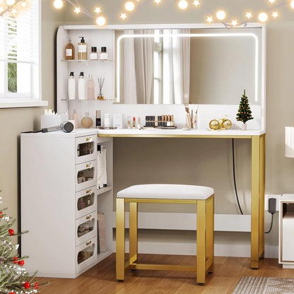 L-vormige Make-up Tafel – Kaptafel – Schoonheidstafel – Dressing Table – Hoekmeubel – Wit – LED Spiegel met 3 Lichtstanden – Gestoffeerde Kruk