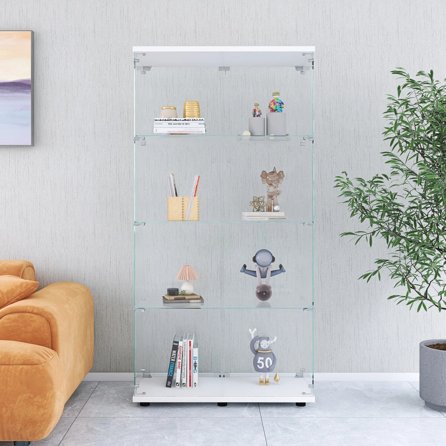 Comanlai Glass Display Cabinet with 4 Shelves, 2 Doors,with Lock,Collection Glass Display Case,for Living Room,White/Black