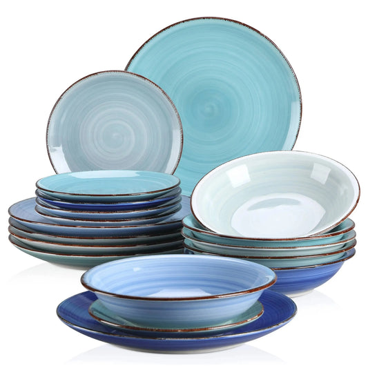 Servies - Servies set - 18 Stuk Van Borden - Soep Platen - Dessert Platen - Aardewerk Service voor 12 persoons - Bonita Blauw