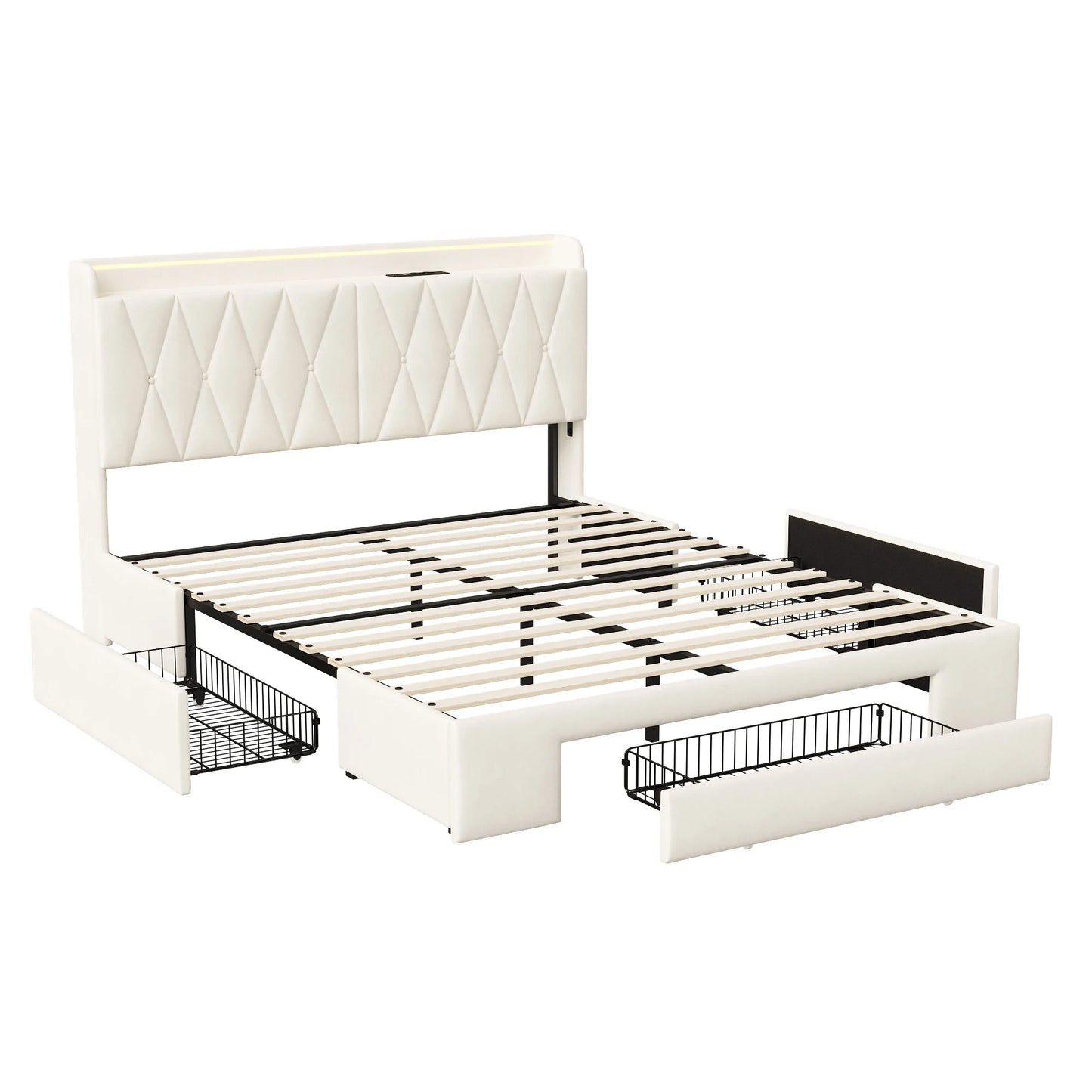 Tweepersoonsbed – Bed Met Opbergruimte – Boxspringbed – Slaapbank – Velours Bed – 140x200 cm – 3 Grote Laden – USB Oplaadfunctie – Beige