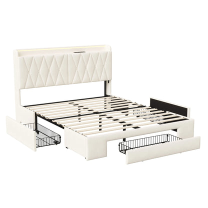 Tweepersoonsbed – Bed Met Opbergruimte – Boxspringbed – Slaapbank – Velours Bed – 140x200 cm – 3 Grote Laden – USB Oplaadfunctie – Beige