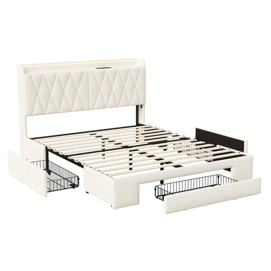 Tweepersoonsbed – Bed Met Opbergruimte – Boxspringbed – Slaapbank – Velours Bed – 140x200 cm – 3 Grote Laden – USB Oplaadfunctie – Beige
